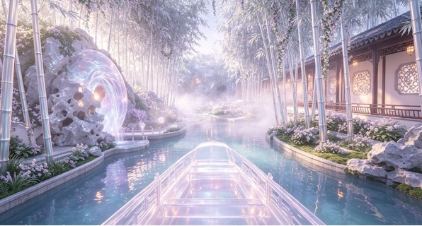 First-person boat journey through the crystal garden