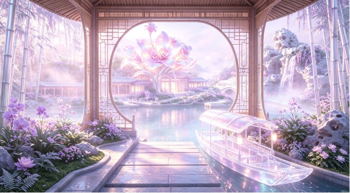 Crystal lotus courtyard viewed from a boat