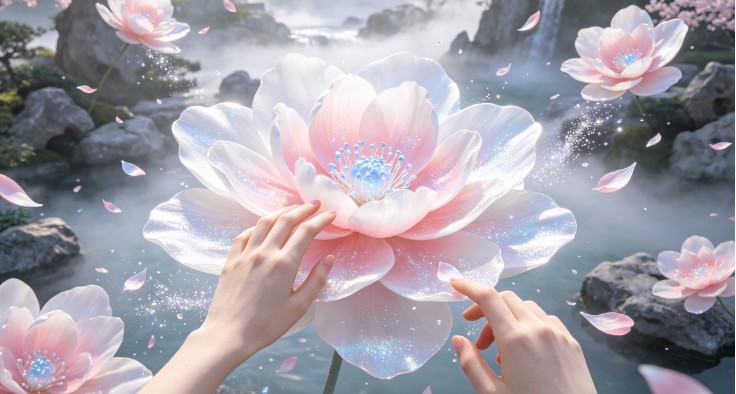 Hands touching a giant crystal lotus
