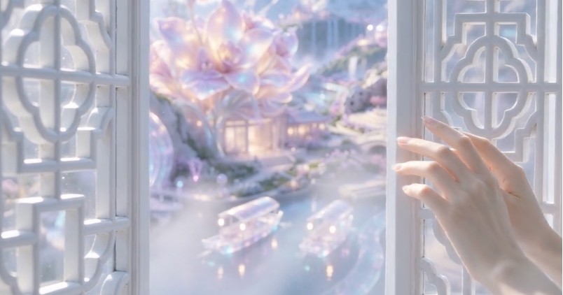Hand opening a Chinese lattice window toward the garden