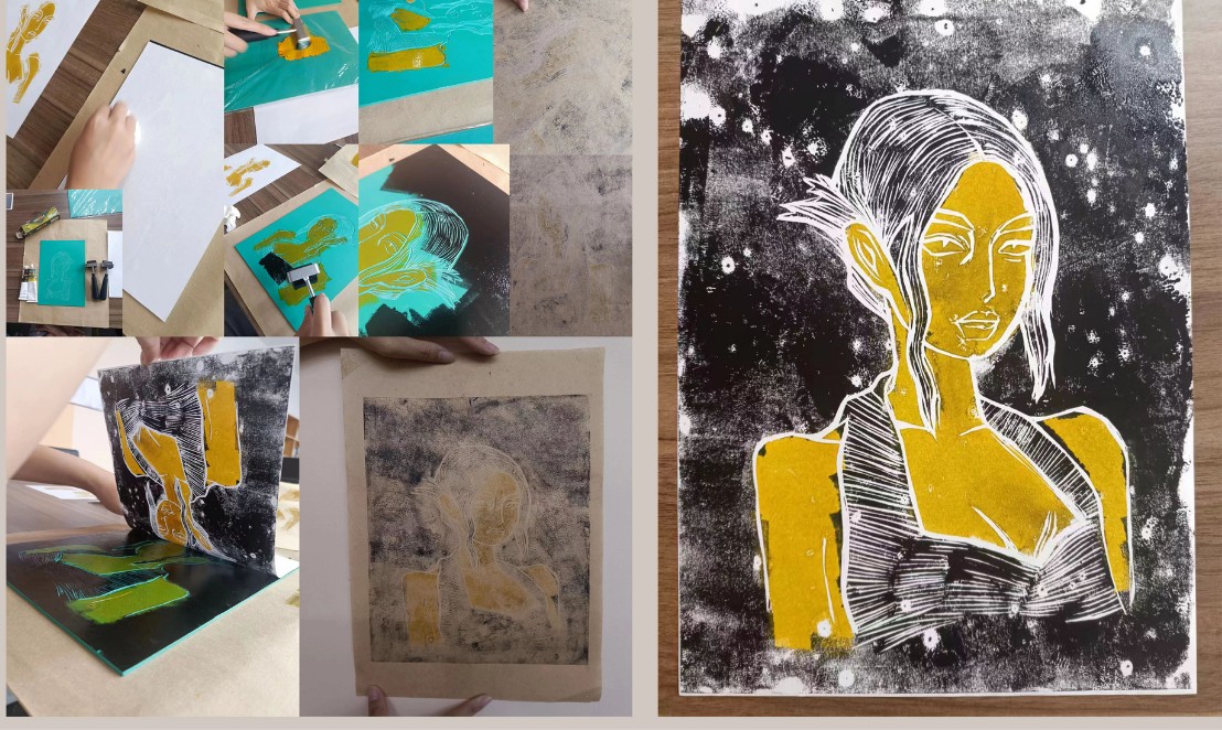 Rubber stamp portrait printmaking process and yellow and black portrait print