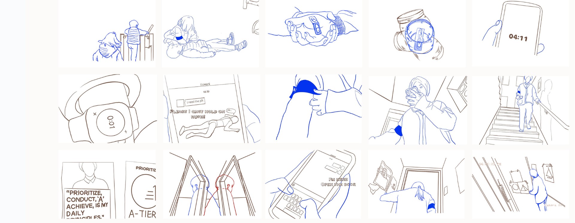 Three rows of sequential blue-and-brown storyboard drawings