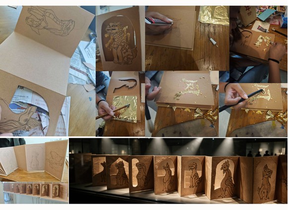 Complete accordion booklet cutting, drawing and gold-leaf process collage