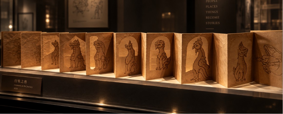 Complete illuminated ridge-beast accordion booklet and its display setting