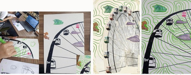 Complete Ferris wheel collage process and green patterned finished artwork