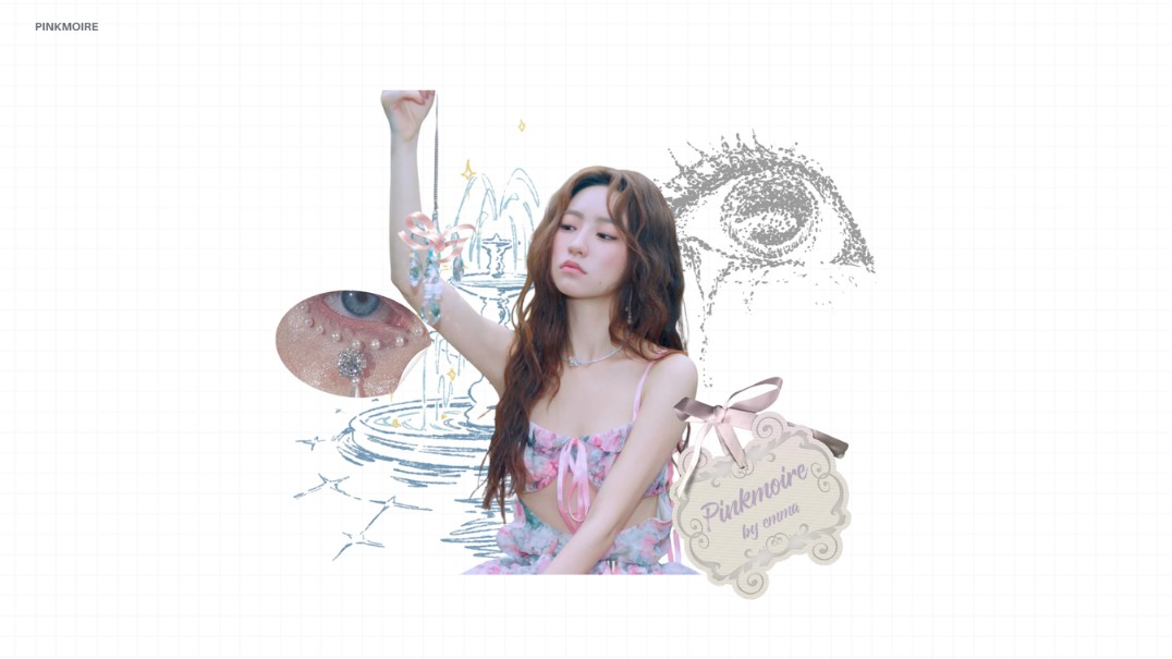 PinkMoire visual research collage with jewelry, ribbons and a portrait