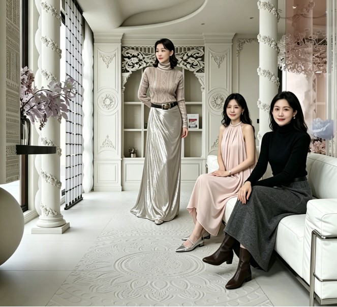 Three women in an ornate room, space and event reference
