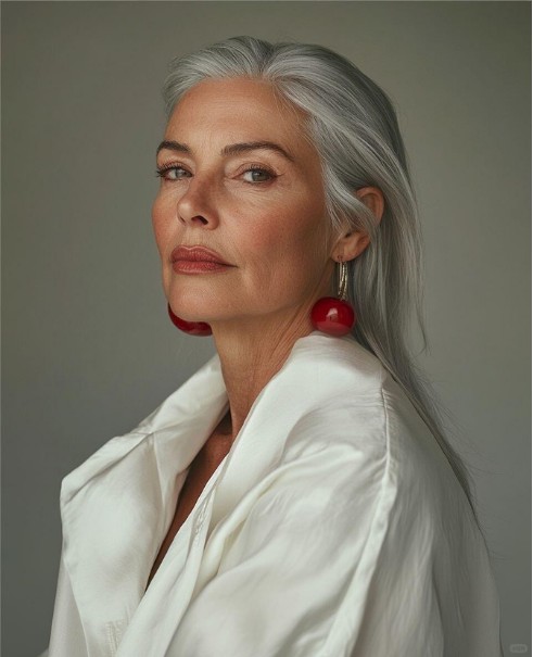 Silver-haired woman with cherry earrings, interview portrait reference