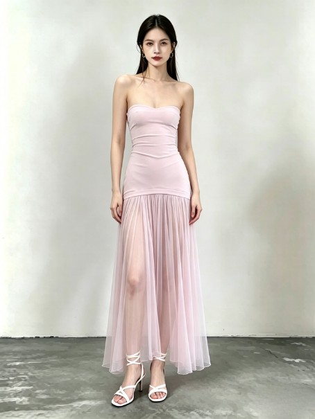 Pale pink long dress lookbook concept