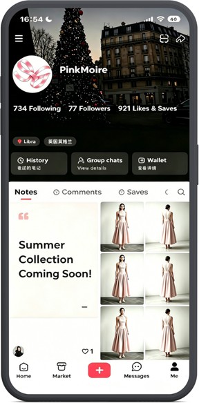PinkMoire RedNote channel concept shown on a phone