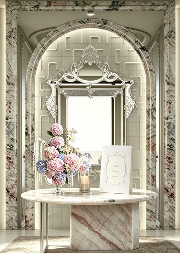 PinkMoire floral greeting card station concept with an ornate mirror
